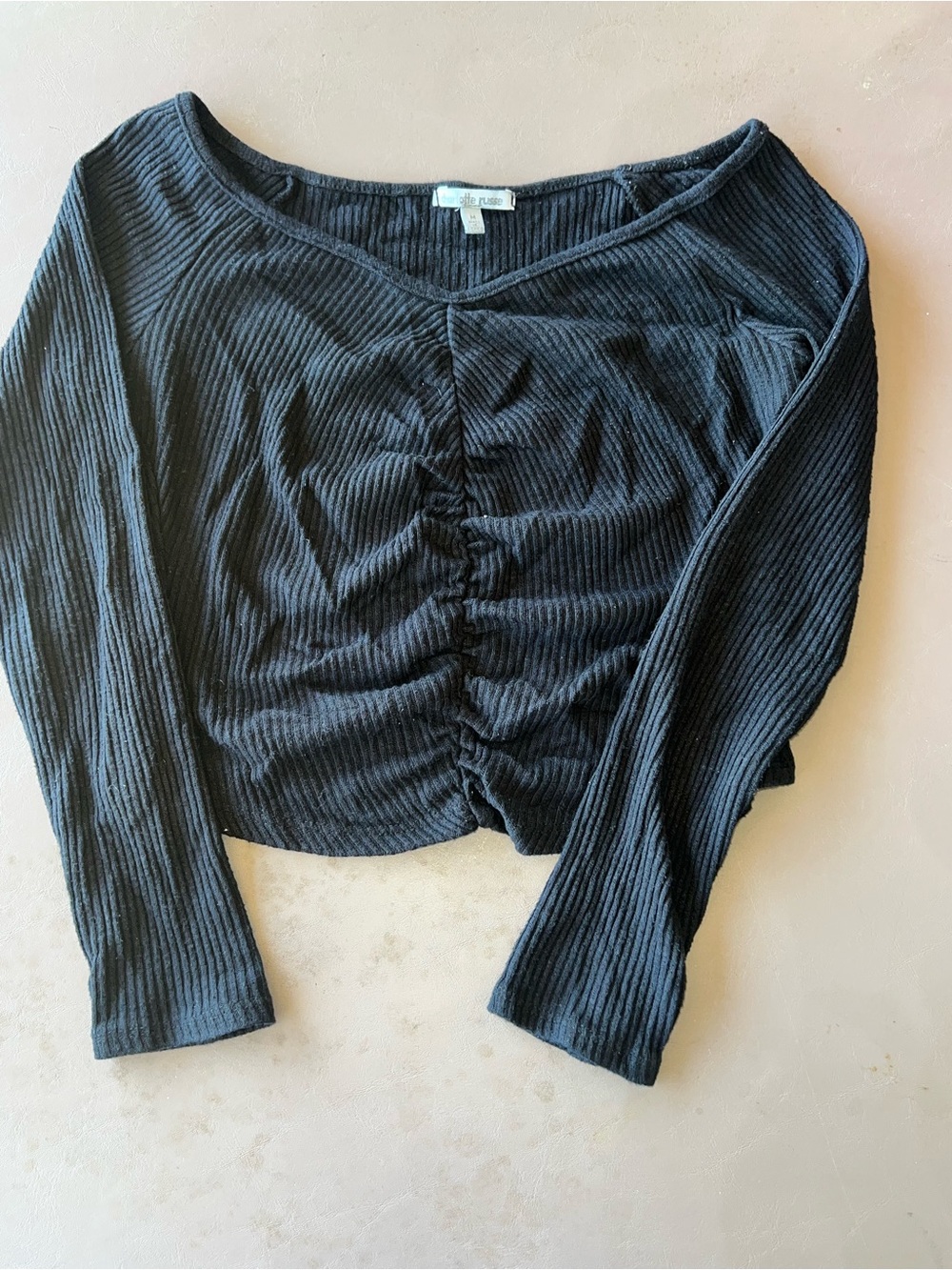 Charlotte Russe Black Ribbed Ruched Long Sleeve Crop Top